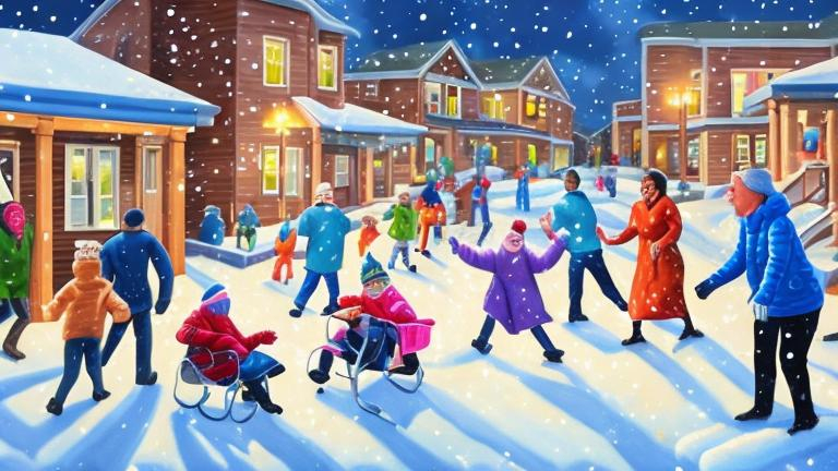 Prompt: Magic realism painting of a mixed race community of all ages and abilities enjoying a wintery, snowy New Years Eve Party in Halifax, Nova Scotia