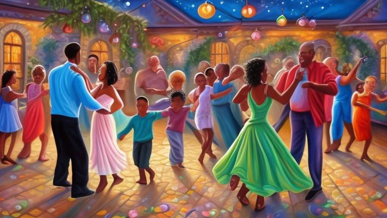 Prompt: Magic realism painting of a mixed race community of all ages and abilities enjoying a New Years Eve Dance