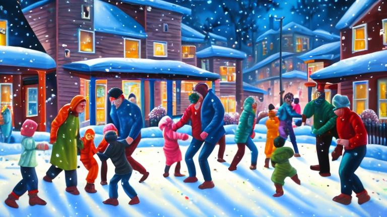 Prompt: Magic realism painting of a mixed race community of all ages and abilities enjoying a wintery, snowy New Years Eve Party in Halifax, Nova Scotia