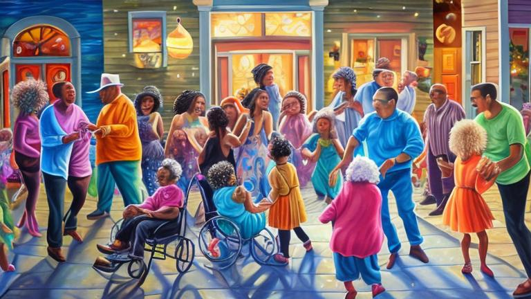 Prompt: Magic realism painting of a mixed race community of all ages and abilities enjoying a New Years Eve Party in Halifax, Nova Scotia