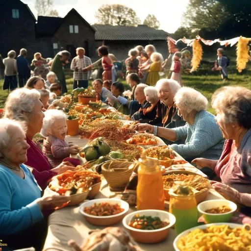 Prompt: Colour 35mm film, 16:9 aspect cinema ratio, wide angle scene of a farm village community of all ages and abilities and races enjoying a harvest festival pot luck feast.