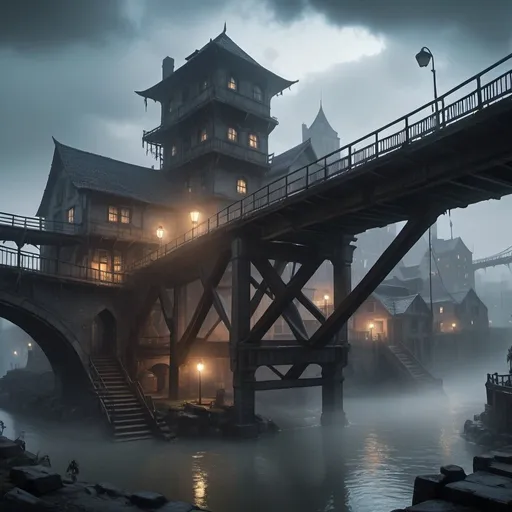 Prompt: small settlement, foggy, bridge and river, dramatic fantasy settlement scene, cinematic lighting, Gotham City style background, cyber city style buildings, street view 