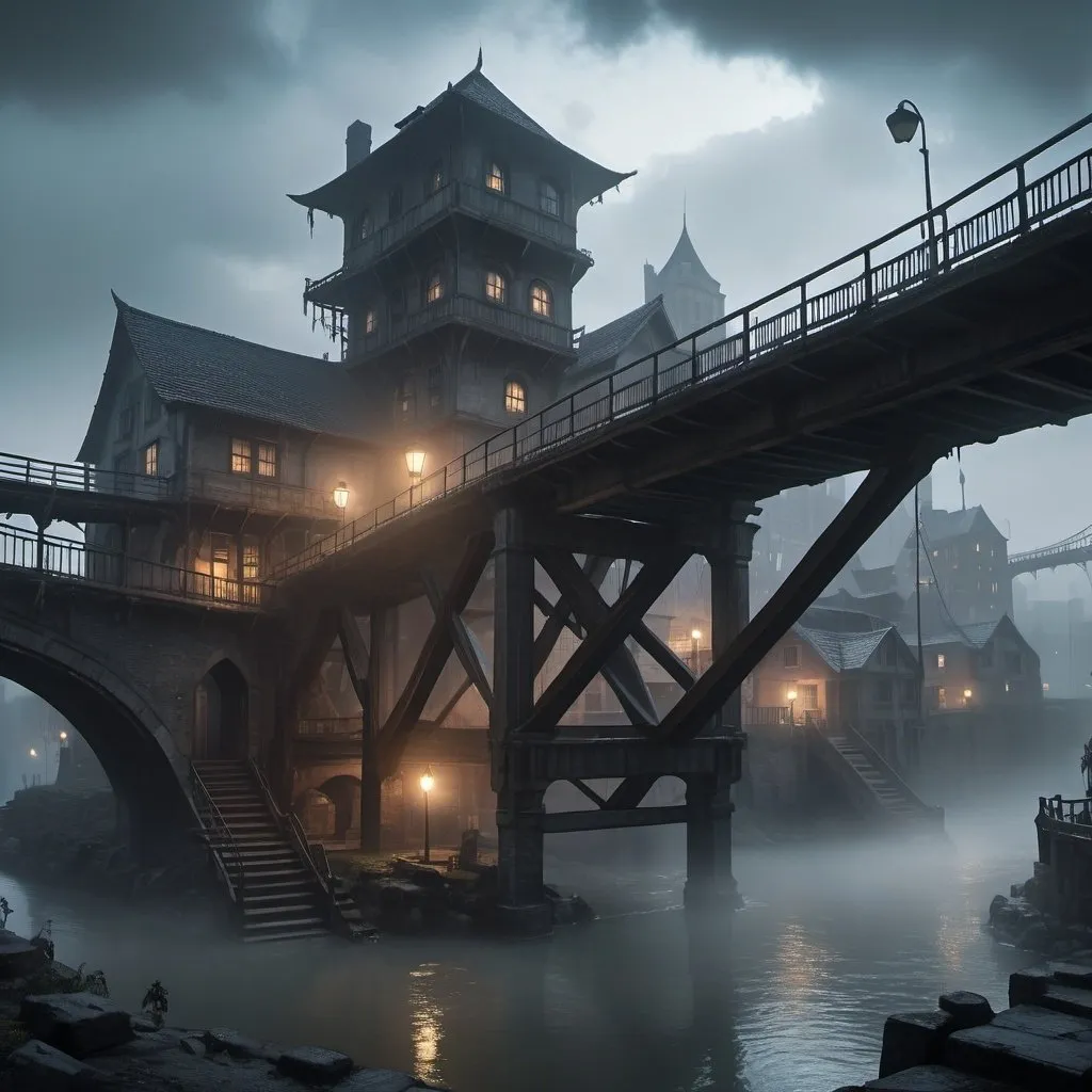 Prompt: small settlement, foggy, bridge and river, dramatic fantasy settlement scene, cinematic lighting, Gotham City style background, cyber city style buildings, street view 