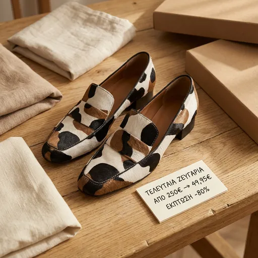 Prompt: Create a realistic boutique-style flatlay image that shows one hero loafer pair supported by a subtle collection context.

ABSOLUTE PRODUCT RULE

– Always use reference shoes
– Shoes must match reference exactly

Scene & composition

– Wooden boutique table (light oak or worn wood)
– Center: one pair of reference loafers — perfectly presented

– Around the hero pair (secondary, slightly out of focus):
– another folded pair
– or a shoe box lid
– or soft linen cloth

– Feels like a boutique preparing items during a closing sale

Discount card (VARIATION)

– A small rectangular card (off-white, thick paper) placed next to the hero shoes
– Handwritten or soft serif style

Text on the card (Greek):

ΤΕΛΕΥΤΑΙΑ ΖΕΥΓΑΡΙΑ
ΑΠΟ 250€ → 49,95€
ΕΚΠΤΩΣΗ -80%

– Card angled naturally toward the camera
– Card readable but not overpowering

Lighting & mood

– Warm indoor daylight
– Soft shadows
– Emotional but calm — no “sales panic”

Camera

– Slightly angled from above (not perfectly top-down)
– Gives depth and realism
– Shoes remain the clear focal point

Visual rules

– No people
– No storefront visible
– No neon sale graphics
– No digital overlays
– Boutique realism over e-commerce polish