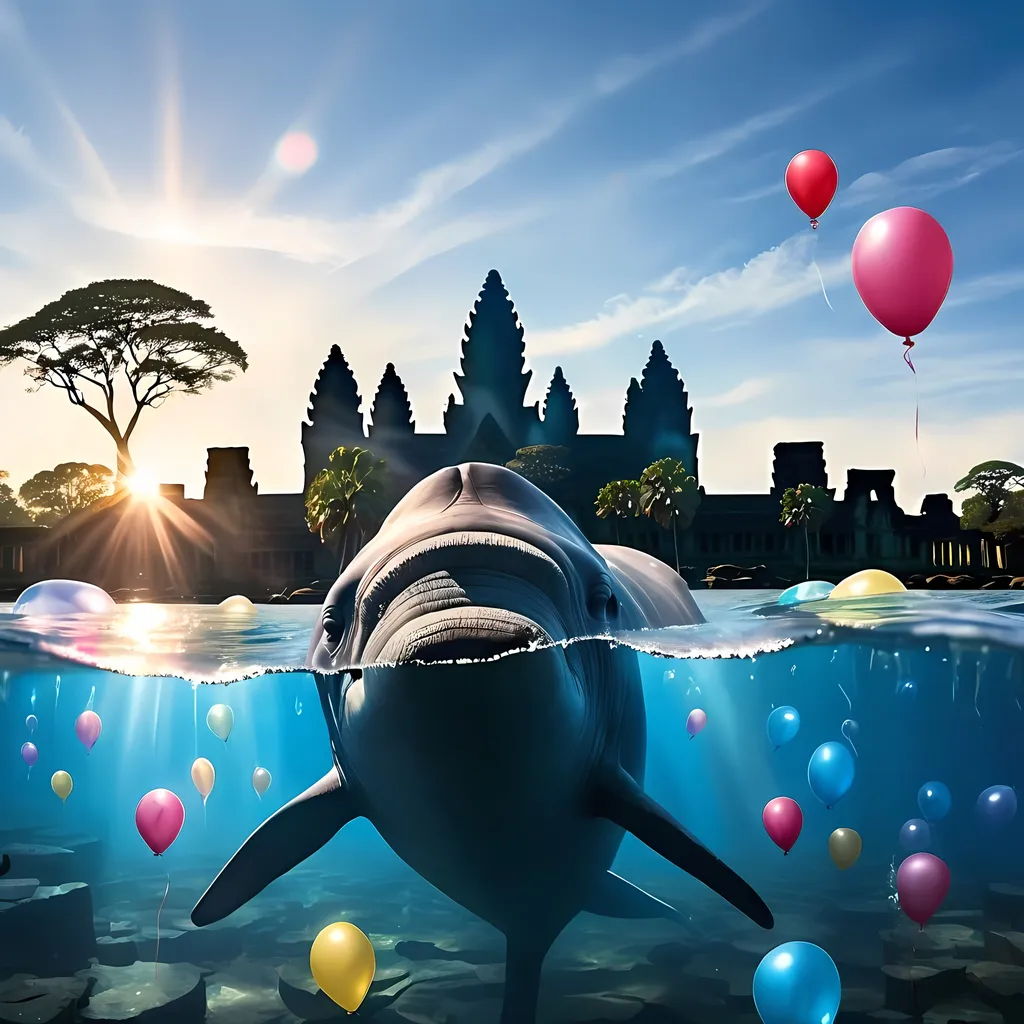 Prompt: Angkor Wat under water, Atlantis feeling, serene, light shining down from water surface, blue whale, birthday balloons