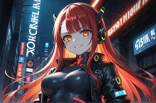 Prompt: A futuristic cyberpunk girl with long flowing red hair and glowing red eyes, wearing black leather clothing with chains and skull accessories. She is wearing large headphones with orange glowing accents and has a slightly evil smirk on her face. The background is a neon-lit cyberpunk bar with vibrant lighting, featuring futuristic decor, glowing signs, and a lively atmosphere. Highly detailed, dynamic pose, anime art style, vibrant colors, dramatic lighting.