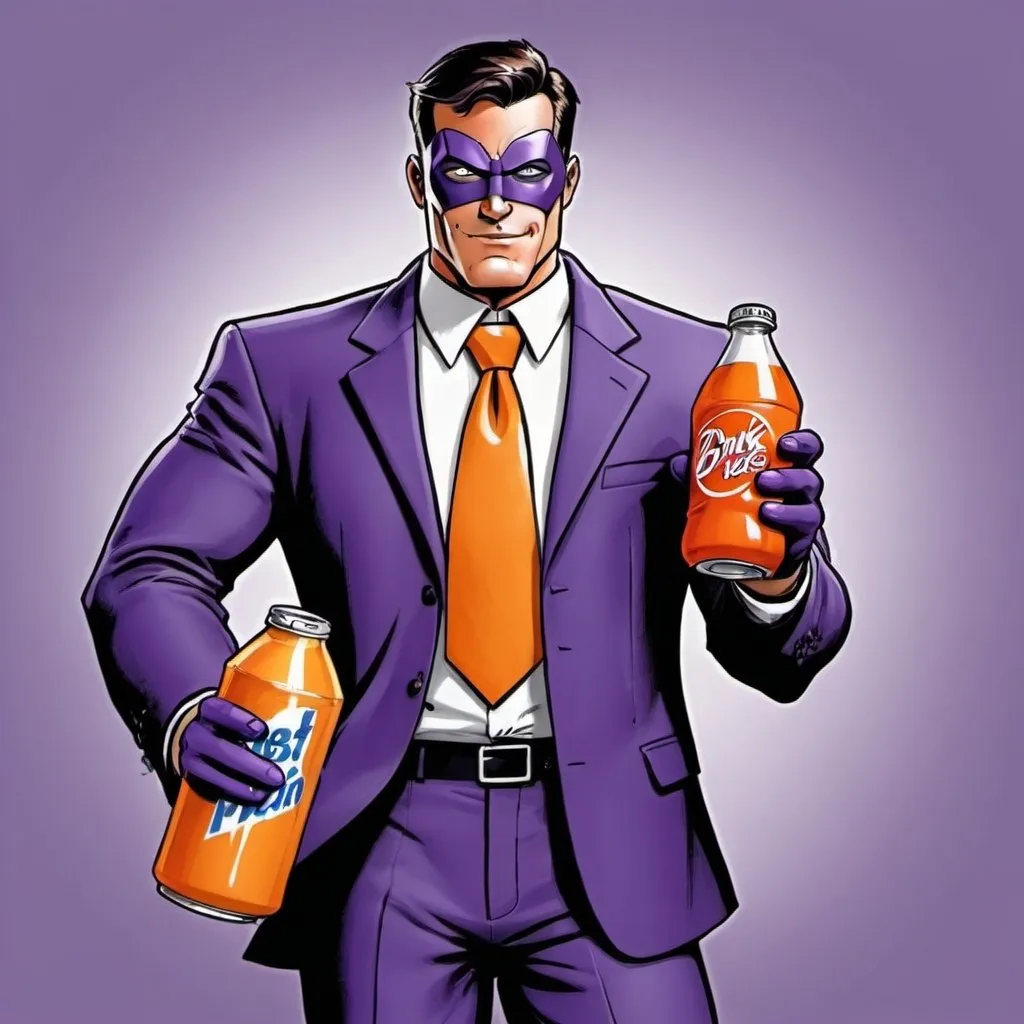 Prompt: super hero called drink-man who sells soft drinks that his suit contains black, purple or violet, orange and that he is a cartoon, that I can draw it