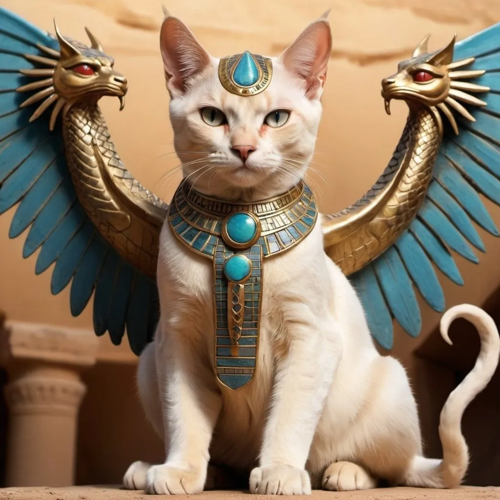 Prompt: pharaon egypt cat with dragon ailes