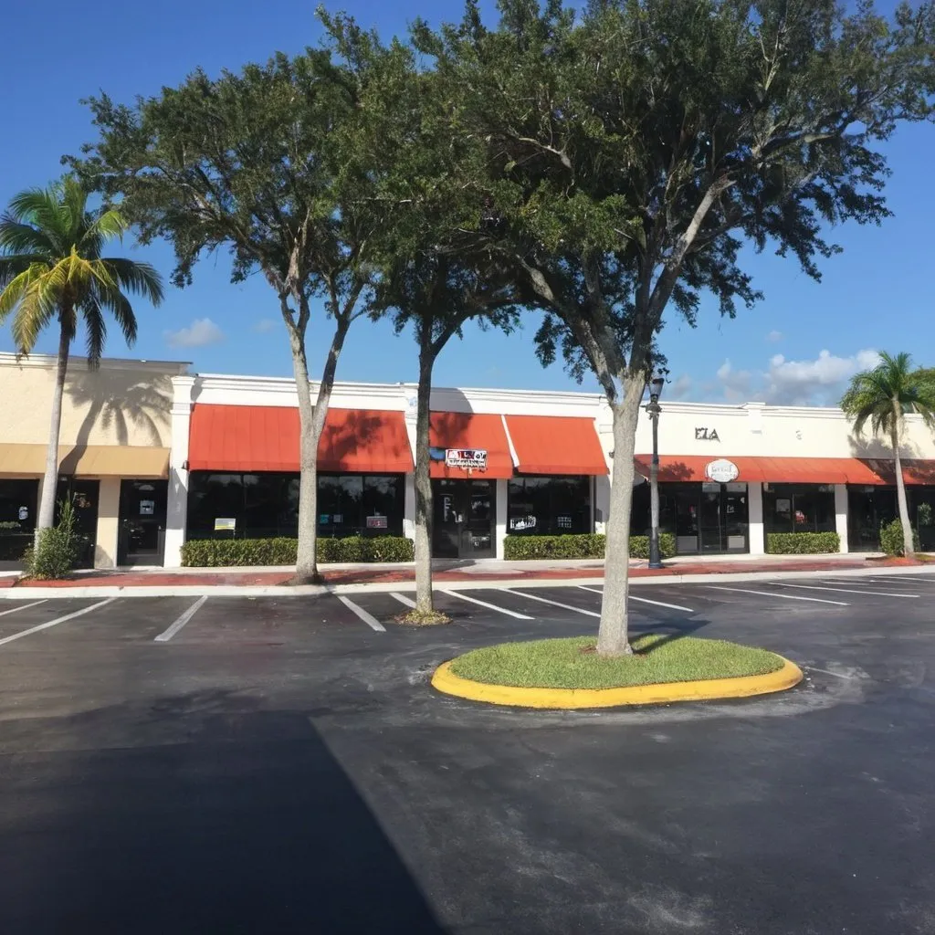 Prompt: strip mall named Plaza Delray