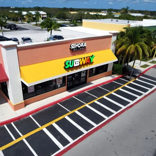 Prompt: strip mall named Plaza Delray with subway sandwich shop and Sephora 