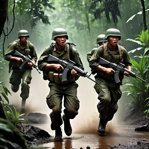 Prompt: A group of soldiers(black and asian, holding AK47, bleeded, muscled, running to save their life) in amazonian forest (raining environnement with almost dark sun, green forest), they are pursued by some terrorists driving warmarchine, realistic image.