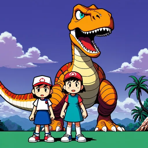 Prompt: Ness and Paula from earthbound standing in front of a huge scary dinosaur 