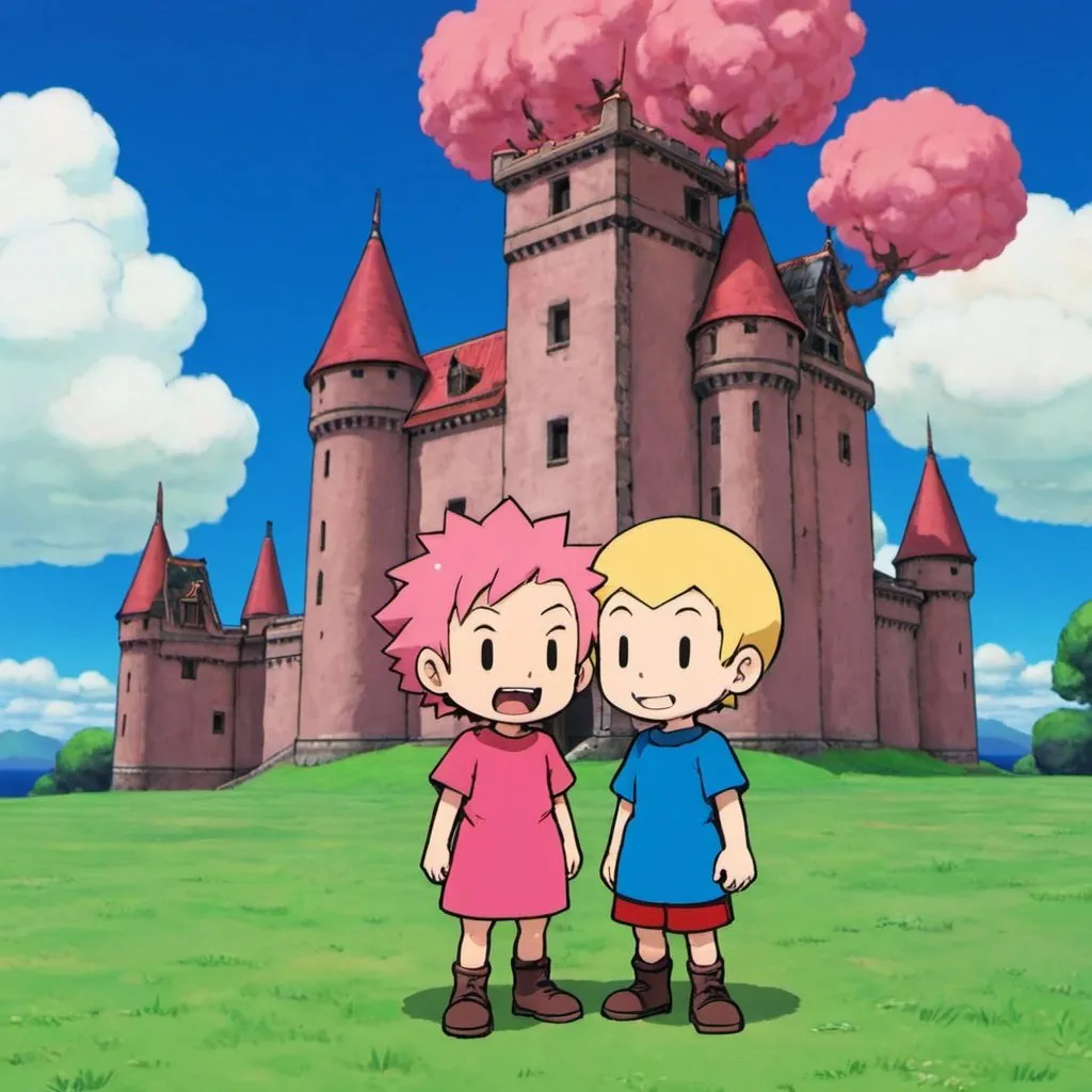 Prompt: Duster and kumatora from Mother 3 in Osohe castle 