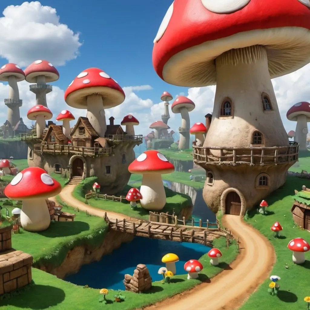 Prompt: MARIOS AMAZING WORLD WITH A HUGE MUSHROOM VILLAGE 