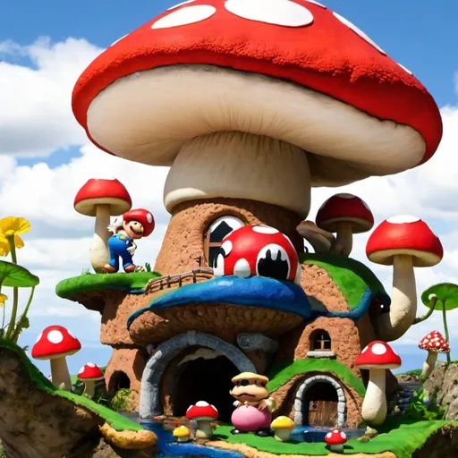 Prompt: MARIOS AMAZING WORLD WITH A HUGE MUSHROOM VILLAGE AND TOAD