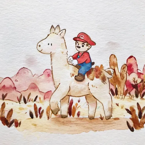 Prompt: Mario riding a llama across a dessert full of dried bushes