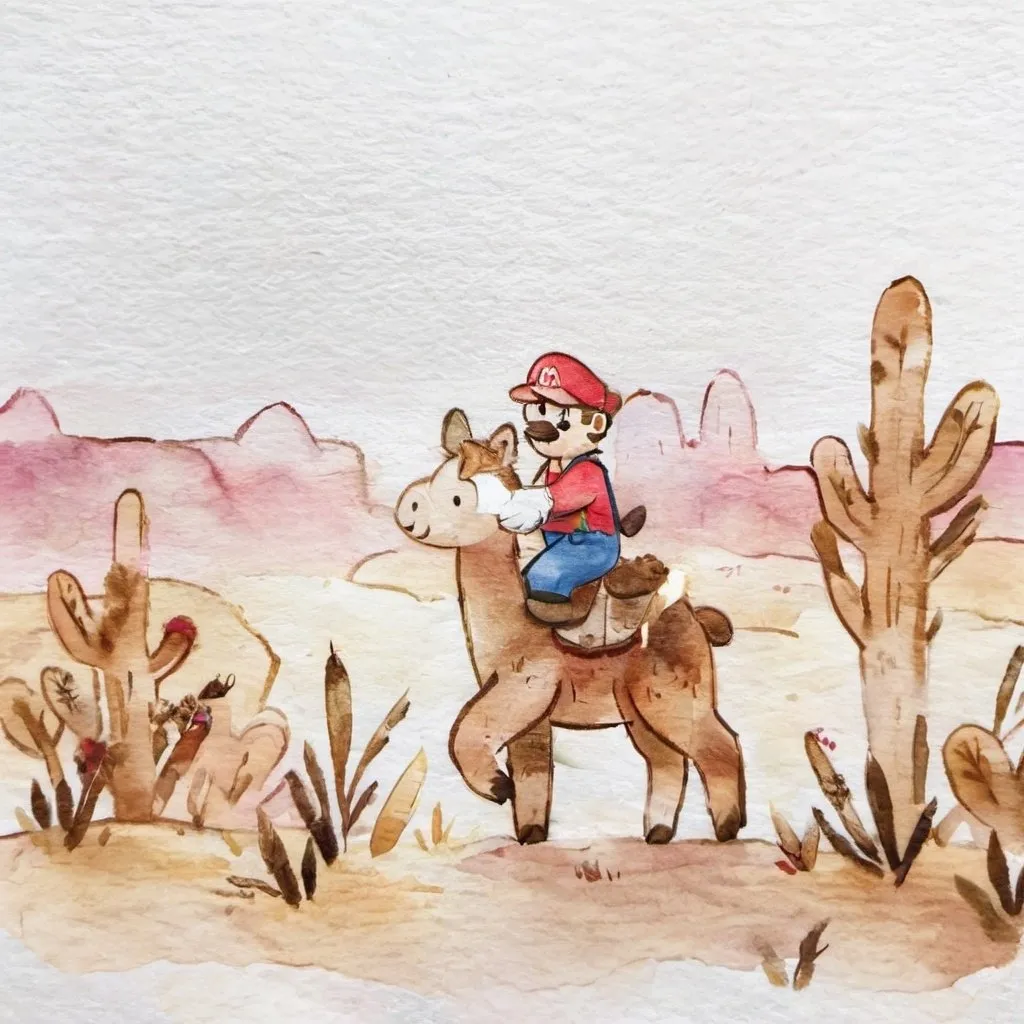 Prompt: Mario riding a llama across a dessert full of dried bushes