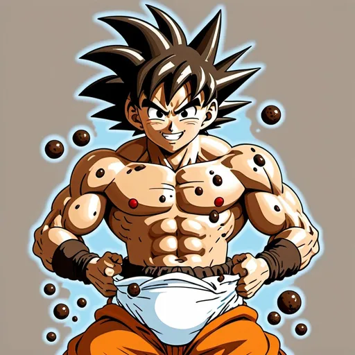 Prompt: Smiling goku covered in poop wearing a diaper filled with poop and poop inflated bloated belly. Poop pouring out of diaper. Poop all over his body