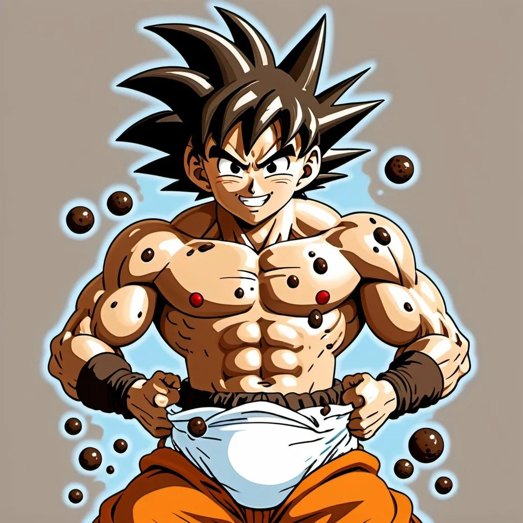 Prompt: Smiling goku covered in poop wearing a diaper filled with poop and poop inflated bloated belly. Poop pouring out of diaper. Poop all over his body