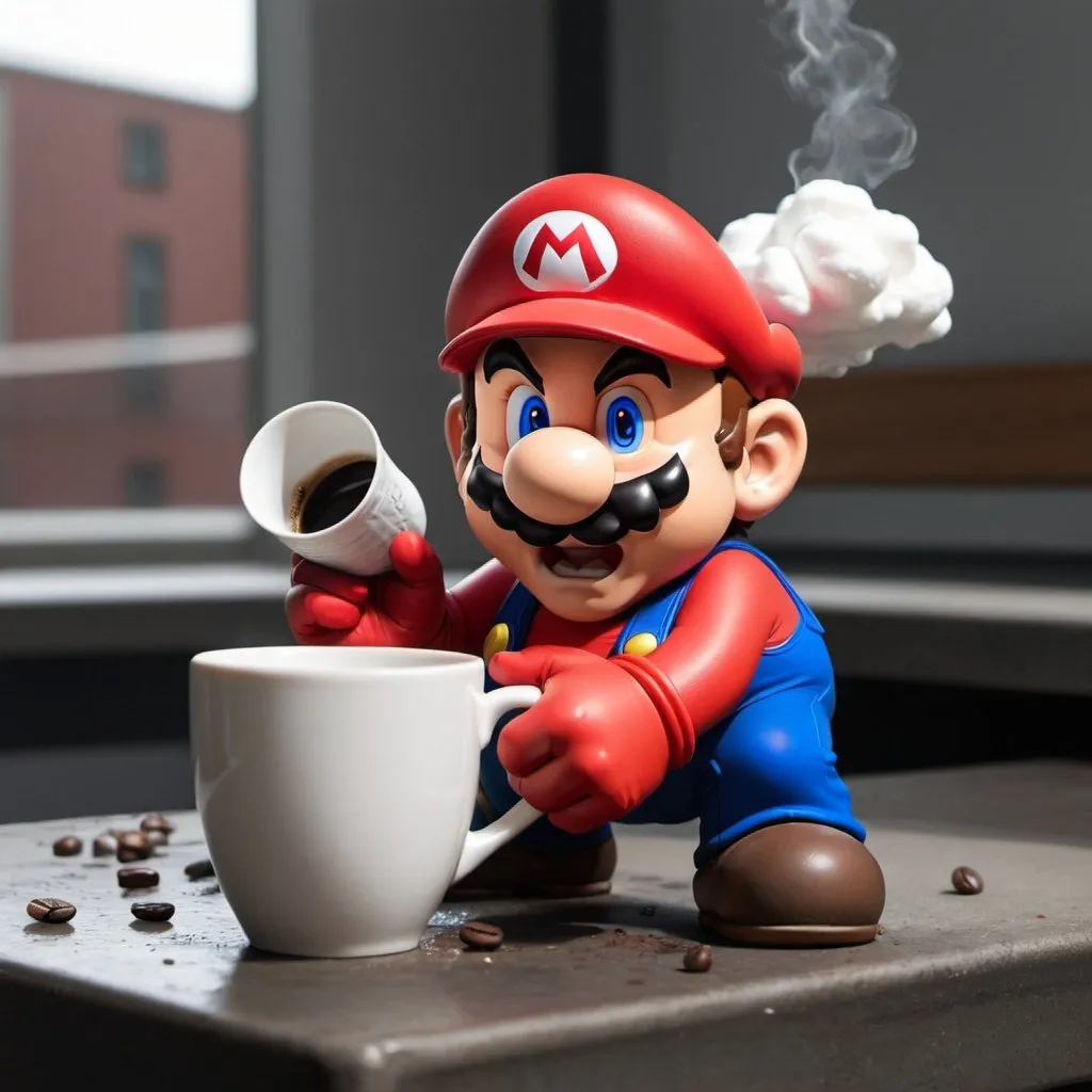 Prompt: Mario is mad, he destroys a coffee cup