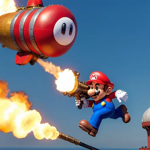 Prompt: Mario holding a flamethrower on an airship 