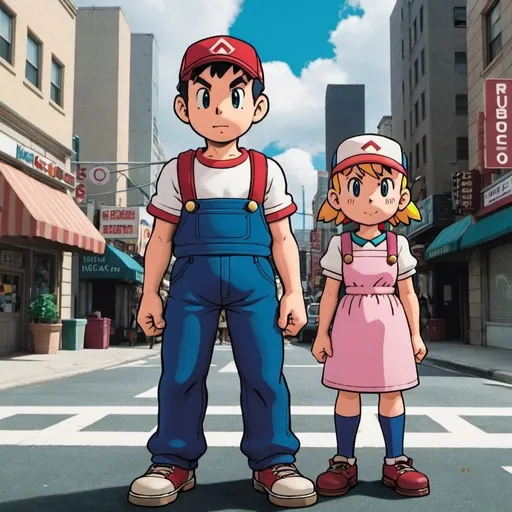 Prompt: Ness Paula and Jeff from earthbound standing in huge city