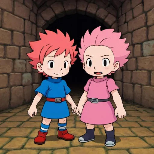 Prompt: Duster and kumatora from Mother 3 in Osohe castle 