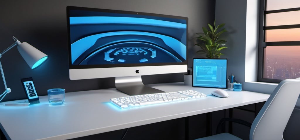 Prompt: work-from-home setup for a devops engineer, modern digital art, dual monitor display, tech-inspired decor, organized desk space, highres, detailed 3D rendering, professional, minimalist design, cozy ambient lighting, computer displaying 'Afzal Ahmed', contemporary, sleek and modern, blue and white color scheme, futuristic keyboard