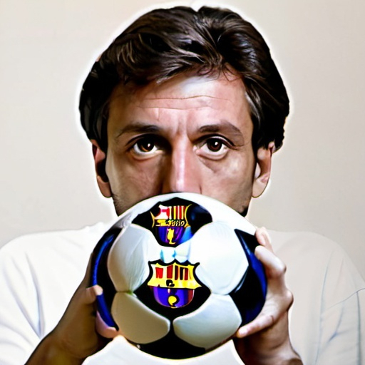 Prompt: man, holding a soccer ball in both hands, using a barcelona t-shirt