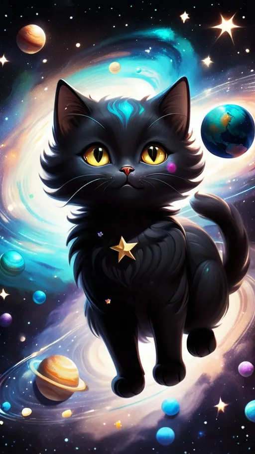 Prompt: Black cat, galaxy pattern in fur, floating in space, planets, stars, playing with a star