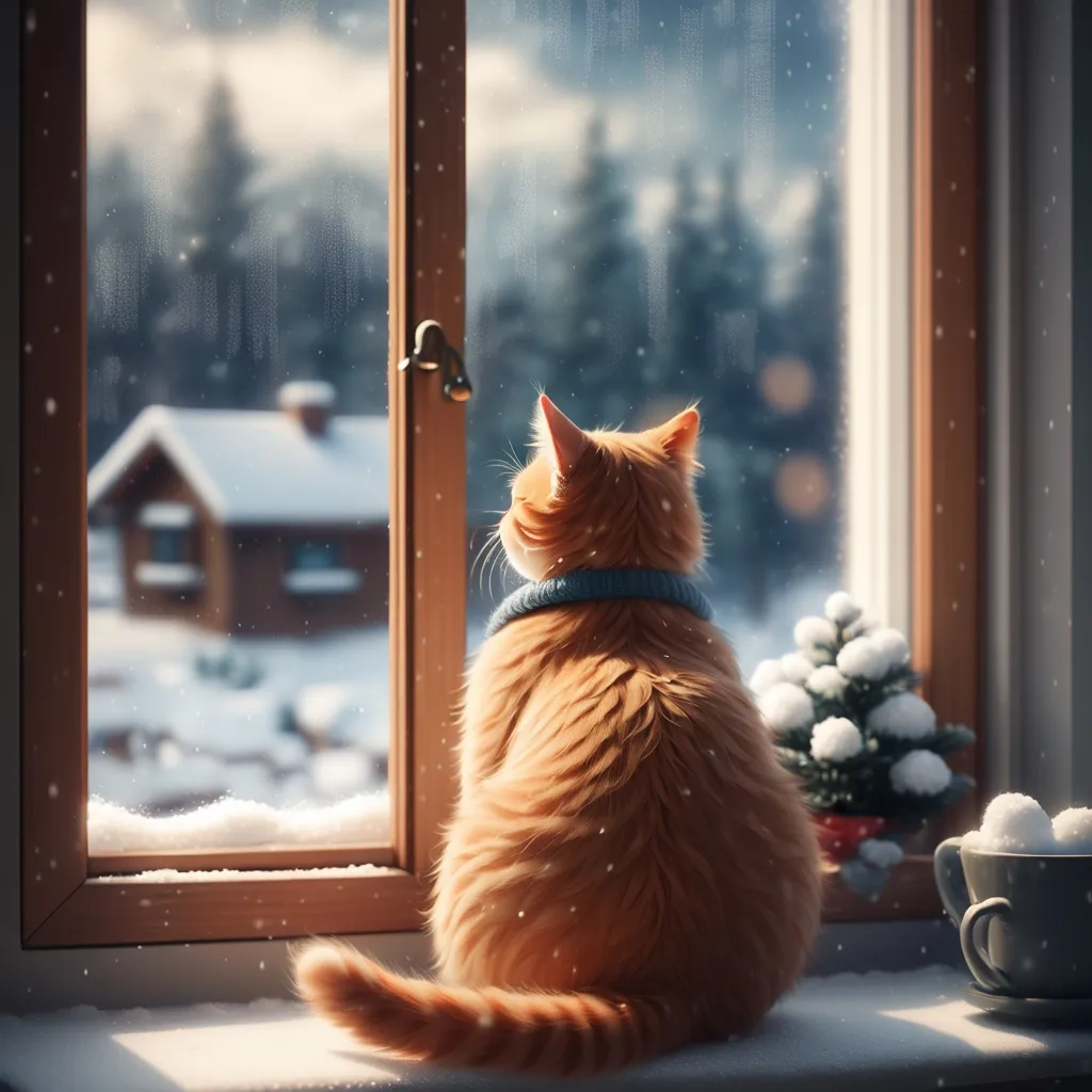 Prompt: Cat sitting in window, watching snow fall, winter scene, cute, nostalgic