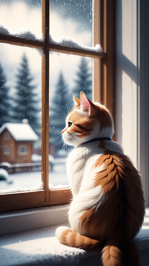 Prompt: Cat sitting in window, watching snow fall, winter scene, cute, nostalgic