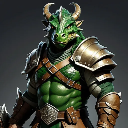 Prompt: A male Dragonborn ranger with forest green scales. 6 foot 9 inches tall and 350 lbs of lean muscle. Stoic, silent