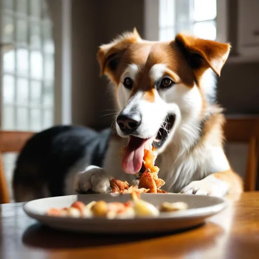 Prompt: A dog eating on a kitchen table