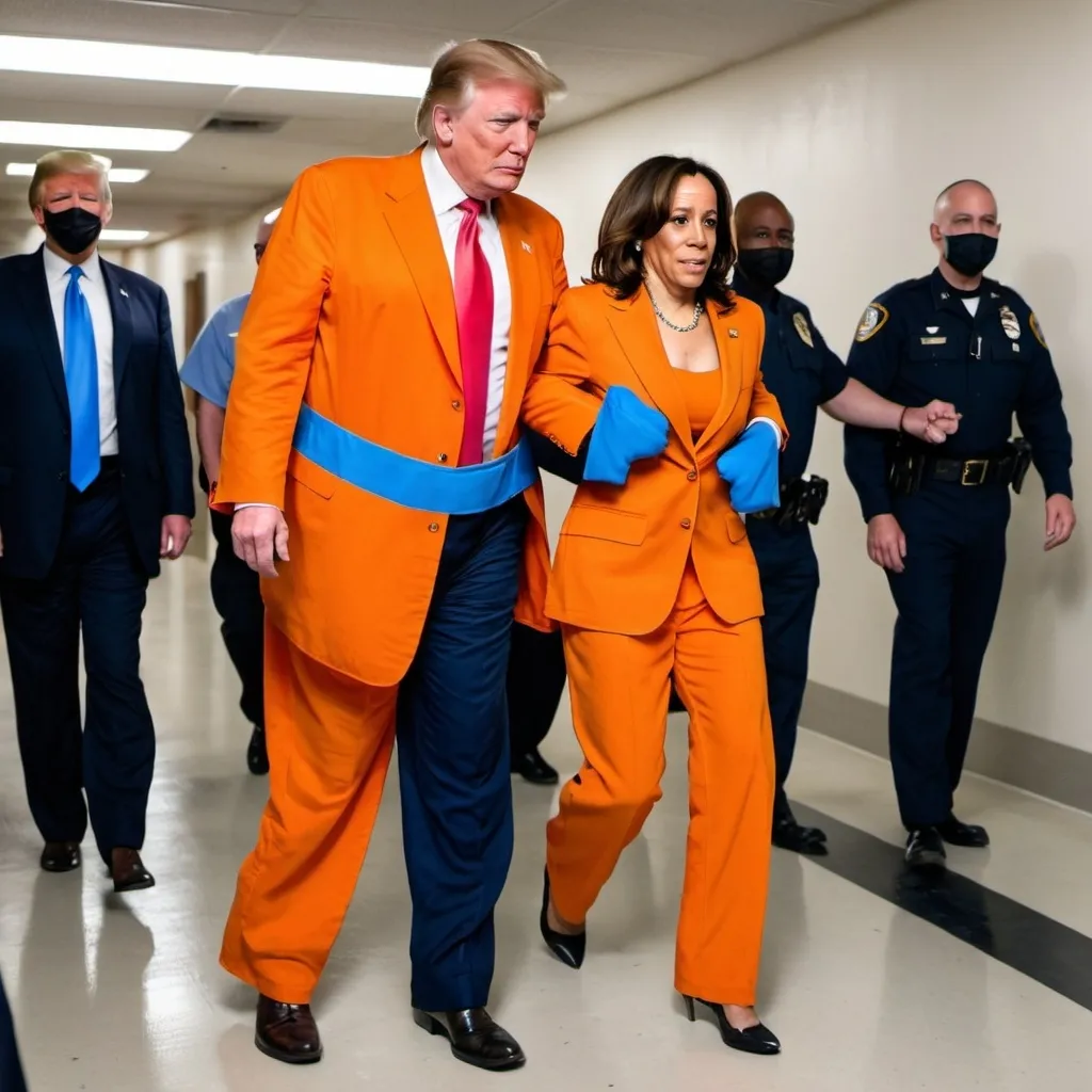 Prompt: Kamala harris wearing superman suit holding donald trump wearing an orange prison jumpsuit while he's on cuffs