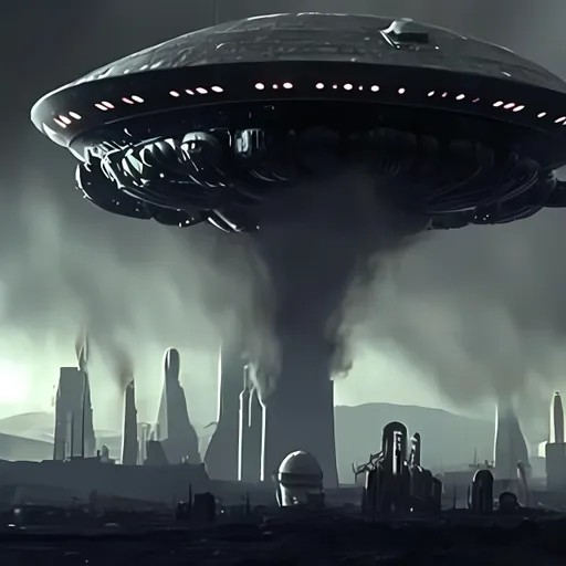 Prompt: alien ships come to rescue human kind from a dark elite power in an industrial world of dark smoke after we ask them for help