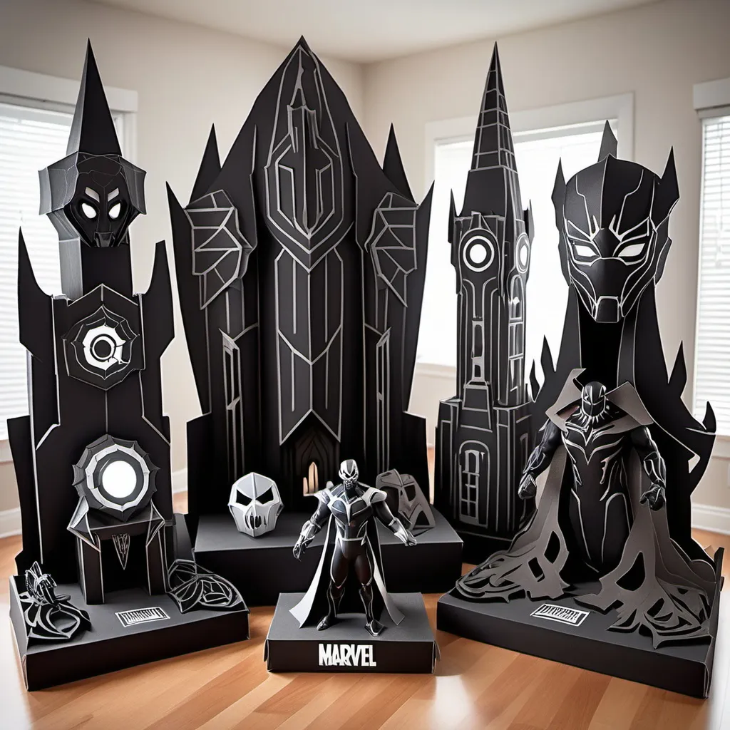 Prompt: Marvel Halloween decoration Gothic and eldritch redesigns of each character.
- Spooky, twisted versions of iconic locations like Asgard, Wakanda, and Avengers Tower.
- Haunted versions of iconic hero vehicles like the Quinjet, now ghostly war machines.

Decor made of cardboard