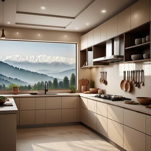 Prompt: (modern modular kitchen), (neutral color theme), handle-less cabinetry, large expansive windows, scenic view of Kashmir valley, depiction of Kashmiri people, elegant minimalist design, high-quality illustration, bright natural light flooding the space, warm and inviting ambiance, intricate details in cabinetry, contemporary aesthetics meet traditional culture, serene and harmonious setting, ultra-detailed illustration.