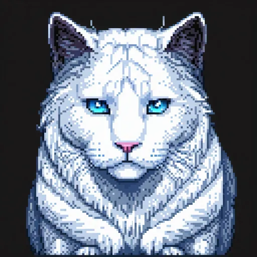 Prompt: Big white cat with blue eyes, dark background, detailed fur with cool reflections, intense and focused gaze, high quality, realistic, cool tones, atmospheric lighting