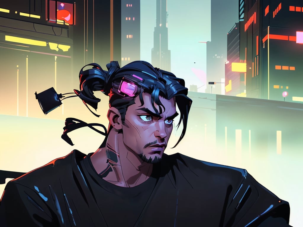 Prompt: Cool guy with short hair and a short full beard, a black t-shirt, atmospheric lighting, high quality, detailed, cyberpunk city background, cartoon, cool tones, professional, looking in the camera 