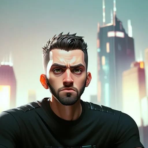 Prompt: Guy with short hair and a short full beard, hazel eyes, black t-shirt, scruffy, detailed facial features, futuristic skyscrapers, atmospheric lighting, cyberpunk city background, cool reflections, intense gaze, high quality, professional, portrait, cartoon, cool tones, urban cyberpunk setting, futuristic, cool lighting