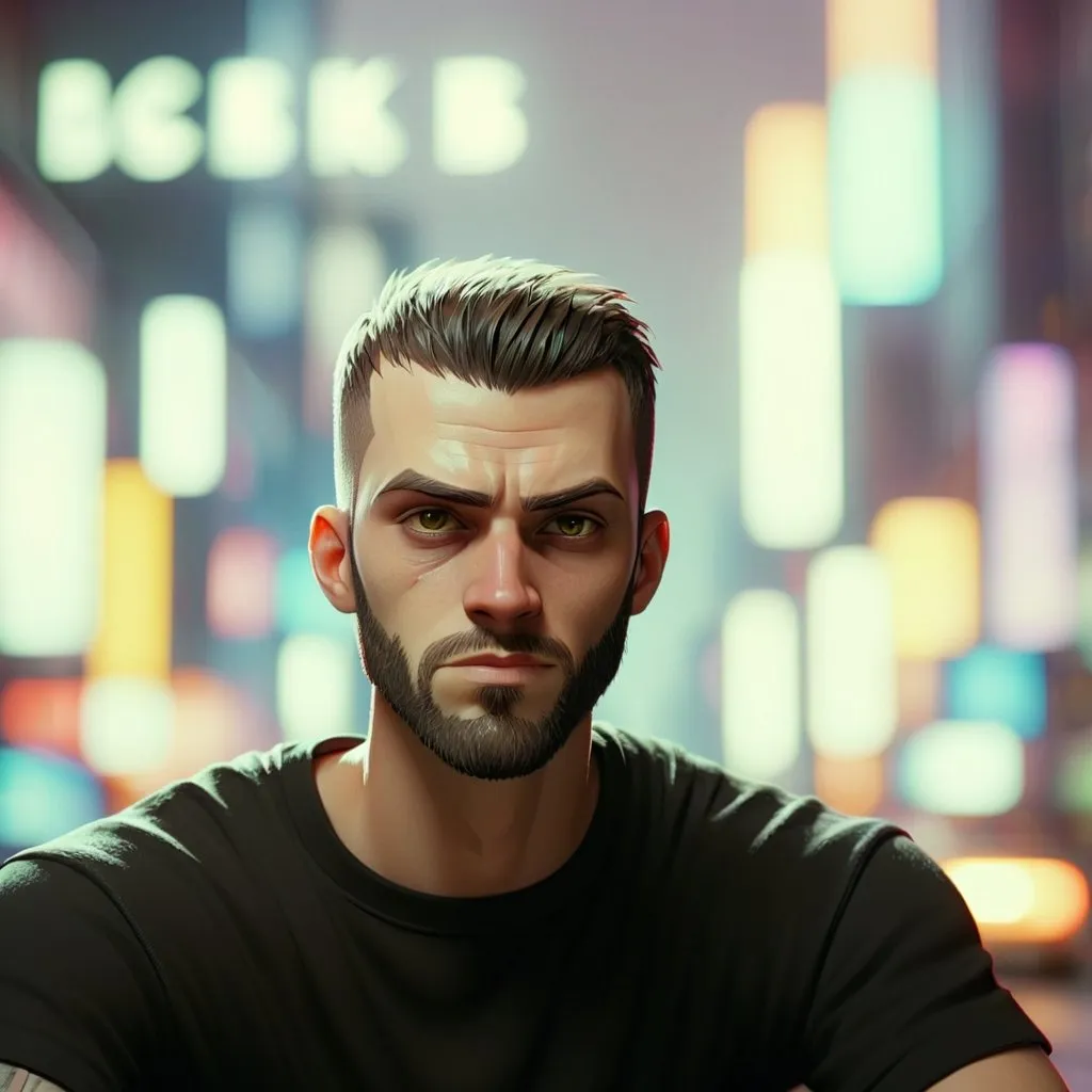 Prompt: Guy with short hair, receiving hairline and a short full beard, hazel eyes, a black t-shirt, scruffy, smirking, detailed facial features, atmospheric lighting, cyberpunk city background, cool reflections, intense gaze,  high quality, professional, portrait, cool tones, urban cyberpunk setting, futuristic, cool lighting