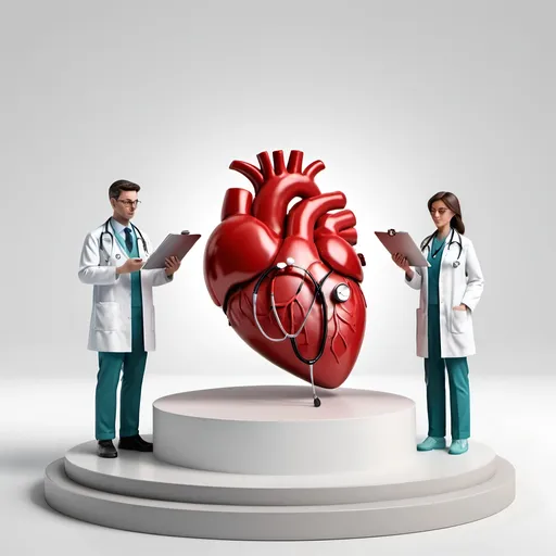 Prompt: 
Imagine a 3D illustration with a heart placed on a podium in the center of the scene with white gradient background. Surrounding the podium are doctors, each holding a stethoscope and examining the heart with interest and care. Their expressions should convey professionalism and dedication to cardiovascular health. The lighting should highlight the importance of the scene, emphasizing the significance of heart health.