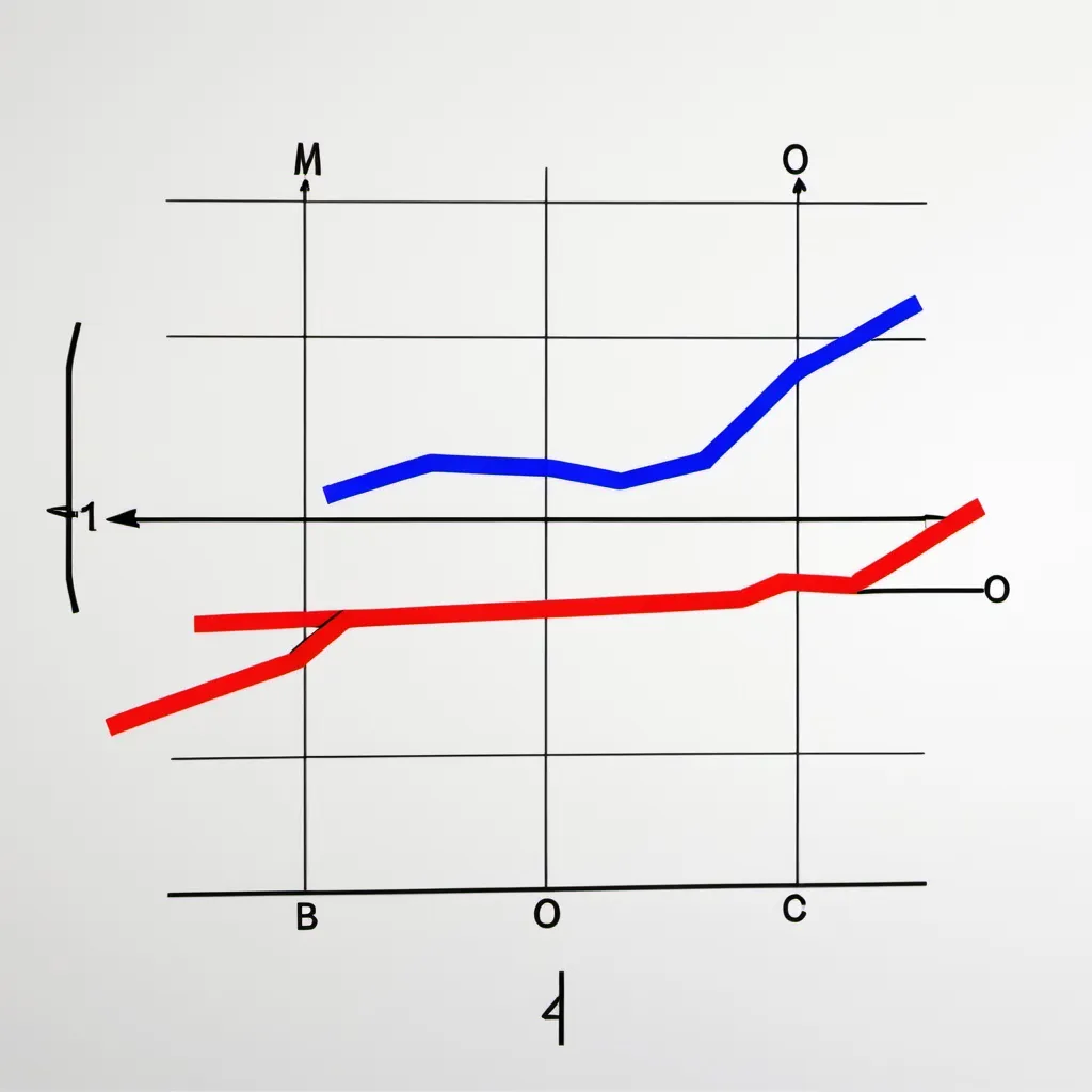 Prompt: create a graph with 2 lines, one red and one blue, have the blue line do upward and the red line downward

