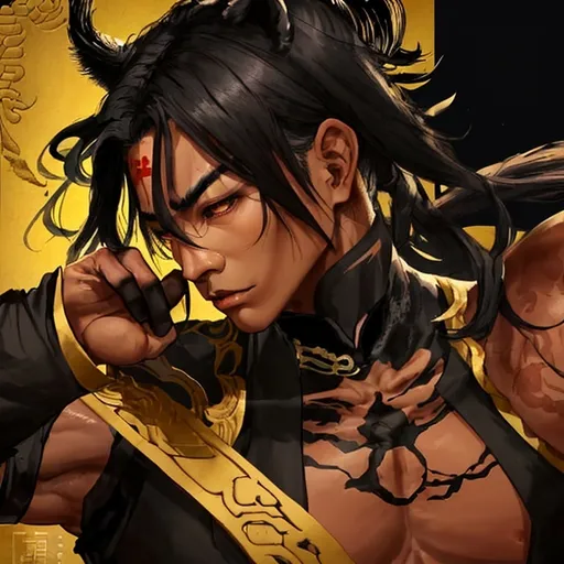 Prompt: ink-painting ,Chinese style, male, black hair with large black like ears on top of his head and a thick, black-panther tail. His skin is tanned, and his muscular build is a testament to his strength and combat training. He wears a traditional black qipao, and white gloves.  looking aisde.