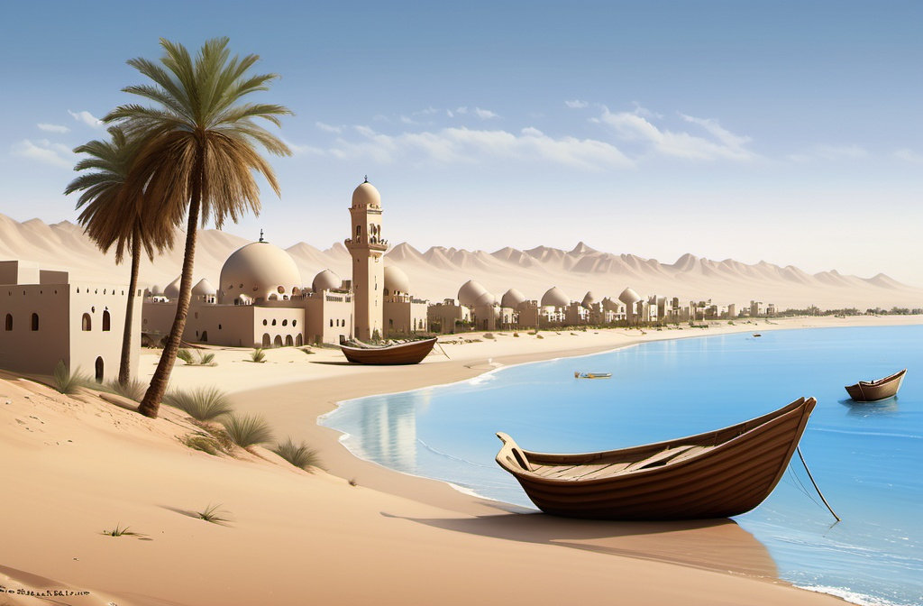 Prompt: A realistic and beautifully illustrated view of pre-oil Abu Dhabi, showing a serene coastal village. Traditional mud-brick houses with palm-frond roofs sit along the beach, where small wooden boats are anchored and also otehrs in sea with the rolling dunes and hills in the distance. The sky is a soft, clear blue, creating a peaceful and timeless atmosphere. beautiful backdrop
