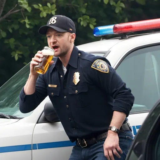 Prompt: justin timberlake drinking a beer hanging out the window of a police car   in sag harbor ny