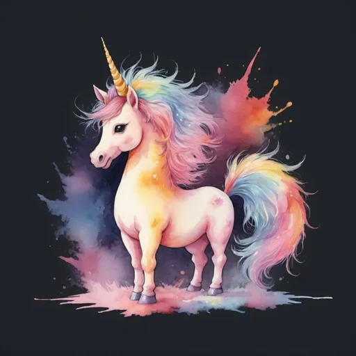 Prompt: fuzzy fantasy unicorn in watercolor based off the image attached. Use colors red, pink, yellow, orange 
