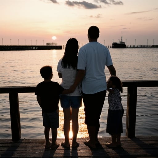 Prompt: A mom, adad, a son and a daughter on a pier watching the sunset. 