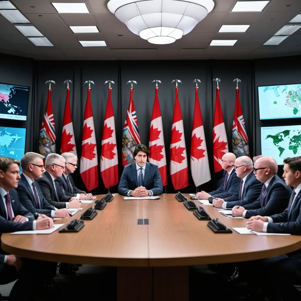 Prompt: A tense, high-security government briefing room. Prime Minister Justin Trudeau sits at the head of a long table, surrounded by serious-looking advisors and intelligence officers. Screens display maps of Canada with cyber-threat warnings and data breaches marked. A Canadian flag subtly visible in the background.
